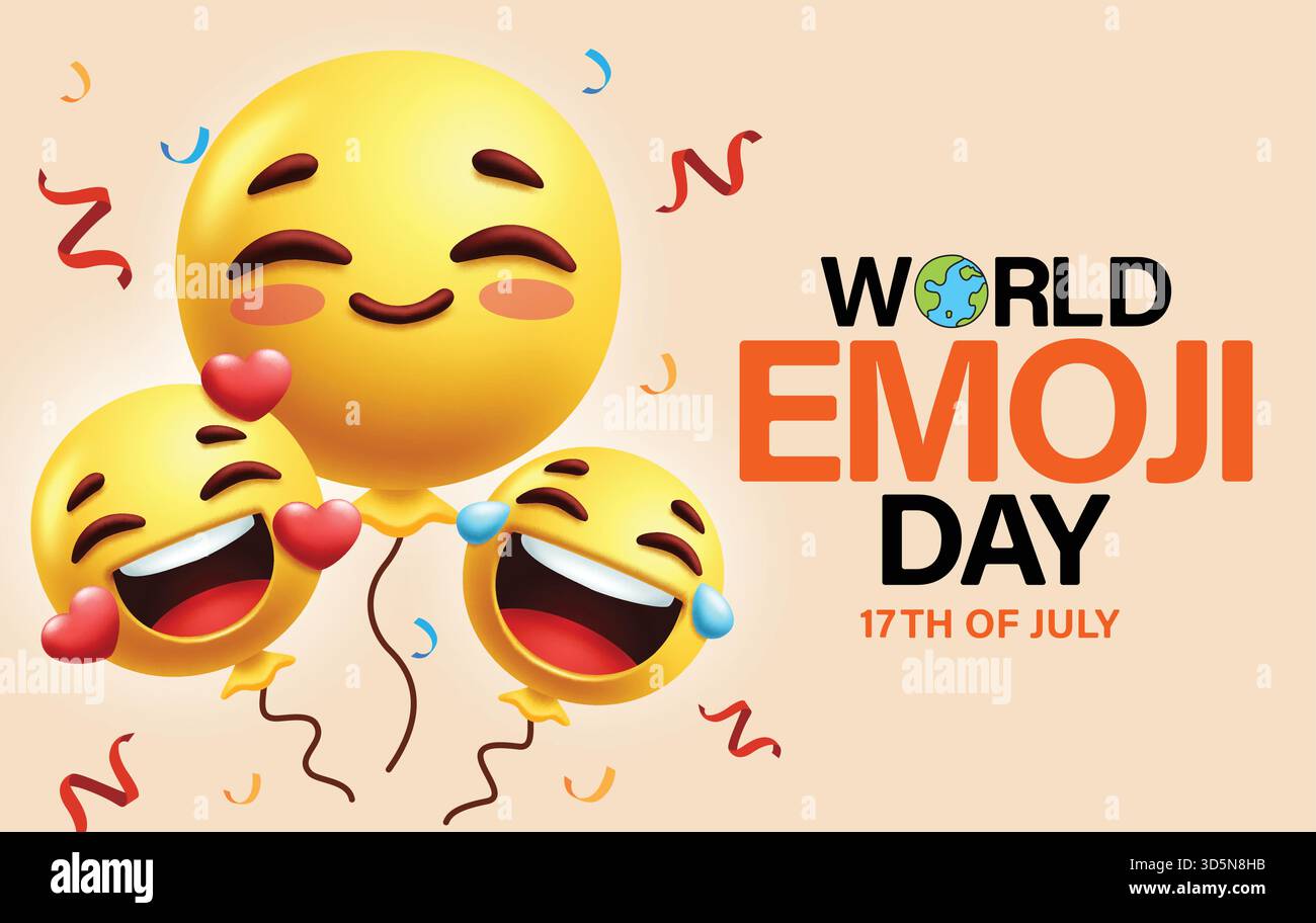 Design della clipart World emoji Day. Colorato mondo emoji giorno saluto clip art di testo con emoji fluttuanti in un sorriso carino, in amore e faccia felice per il 17 luglio Illustrazione Vettoriale