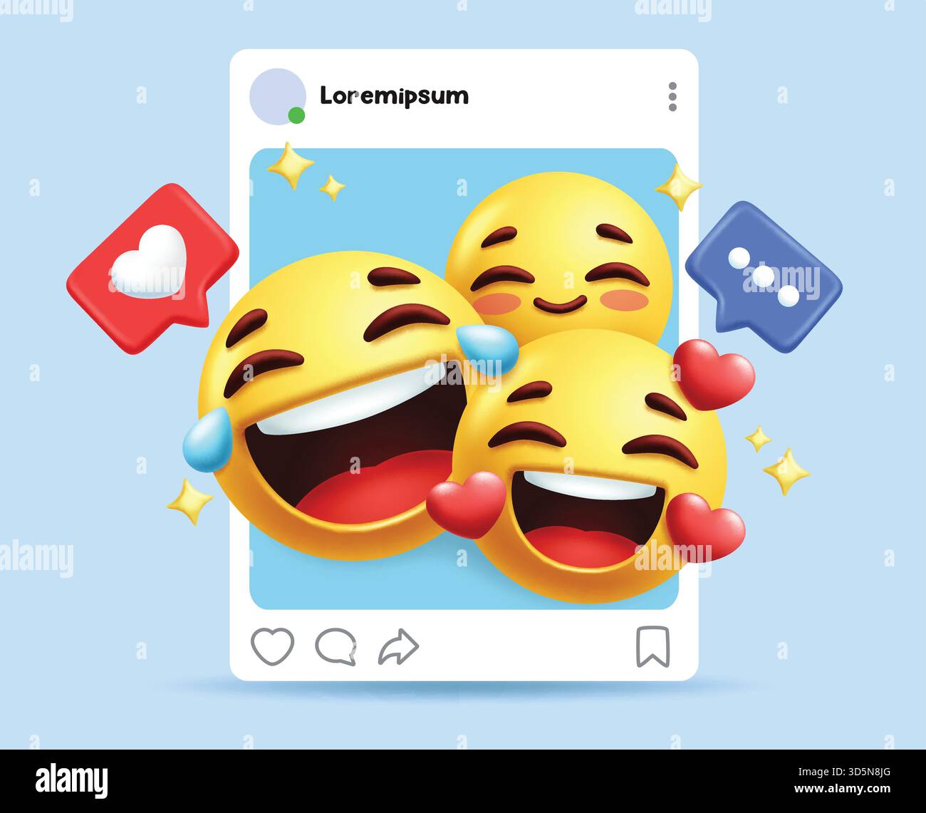 Clipart icona emoji sui social media. Simbolo emoji in clip art di espressione facciale simpatica, felice e innamorata con chat bolla per l'app di comunicazione online Illustrazione Vettoriale