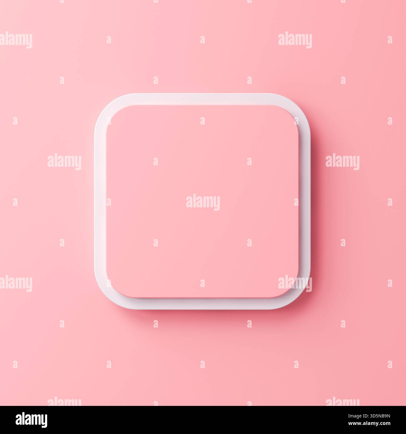 Pulsante quadrato rotondo vuoto o segno quadrato rosa vuoto isolato su sfondo color pastello rosa chiaro con design minimalista in ombra 3D concettuale Foto Stock
