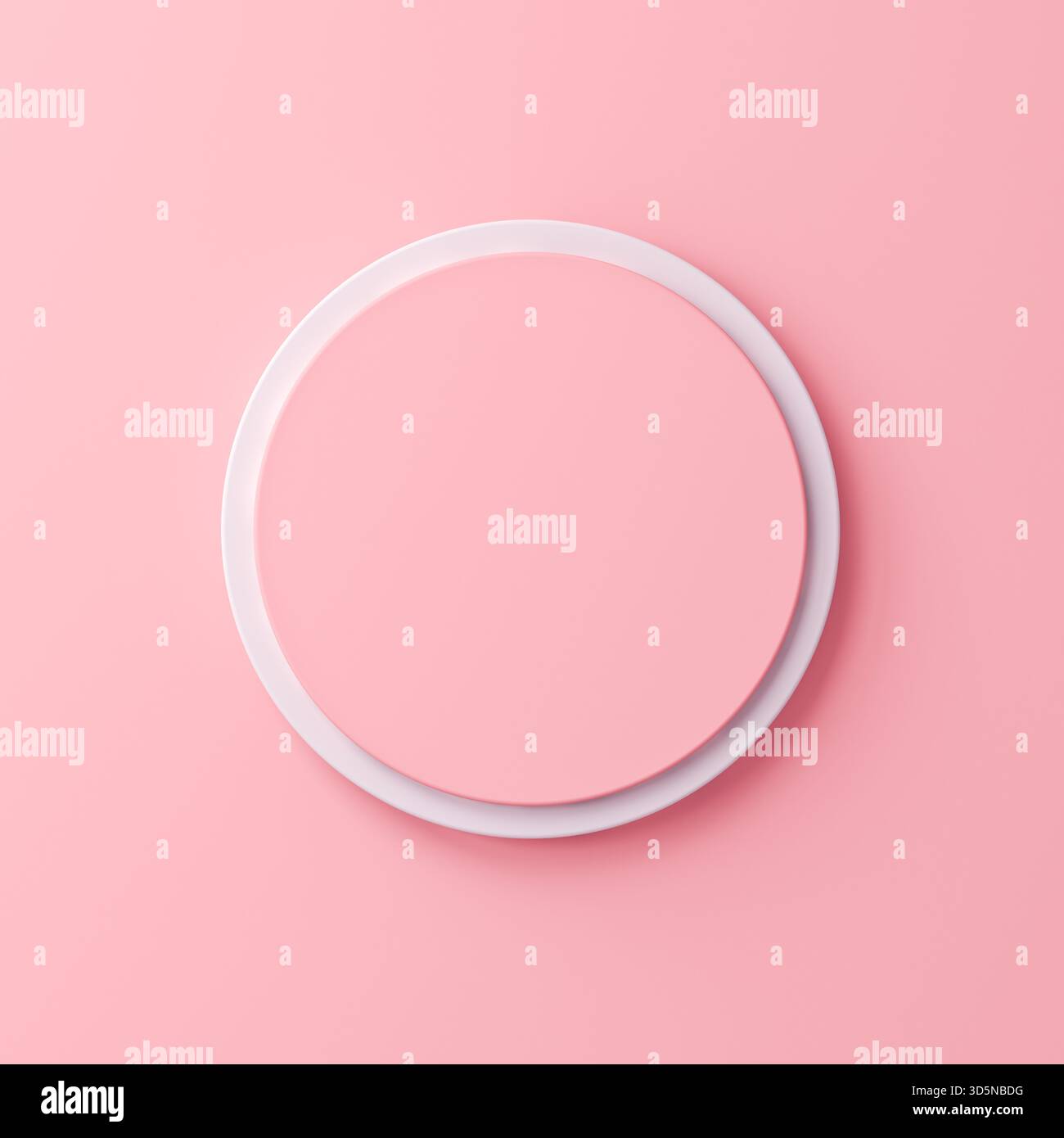 Segno rotondo o pulsante rosa pastello vuoto isolato su sfondo rosa chiaro con rendering 3D concettuale minimo ombra Foto Stock