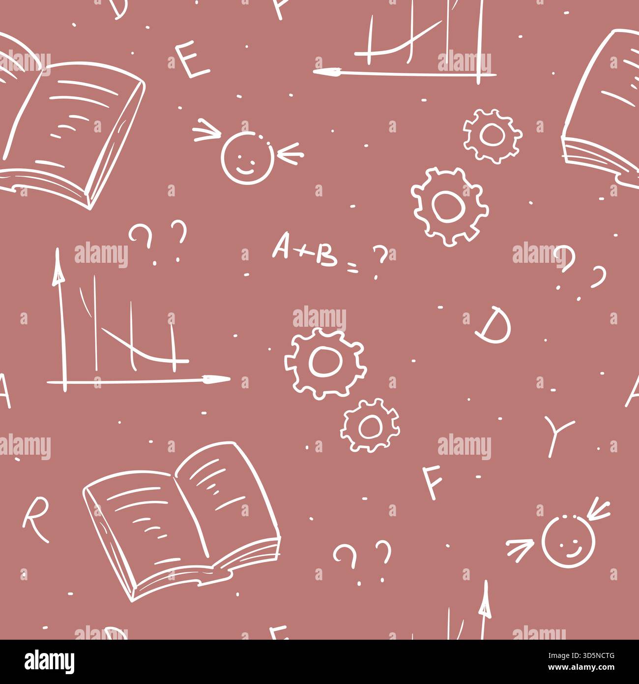 Simboli geometrici matematici e lettere, equivale a segni e grafici. Carta da imballaggio scolastica creata da scarabocchi disegnati a mano. Motivo senza cuciture o backgrou Illustrazione Vettoriale