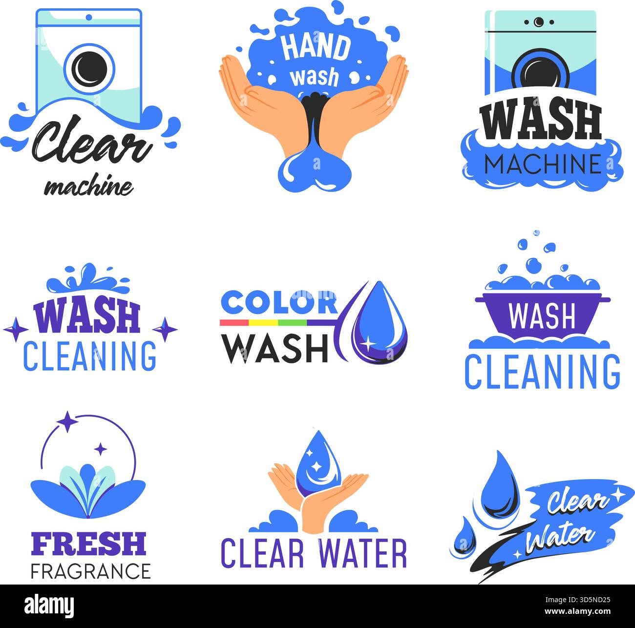 Sistemi di lavanderia e lavatrice set di icone isolate. Casa e igiene. Colore e lavaggio a mano, fragranza fresca. Banner promozionale, adesivo promozionale, Illustrazione Vettoriale