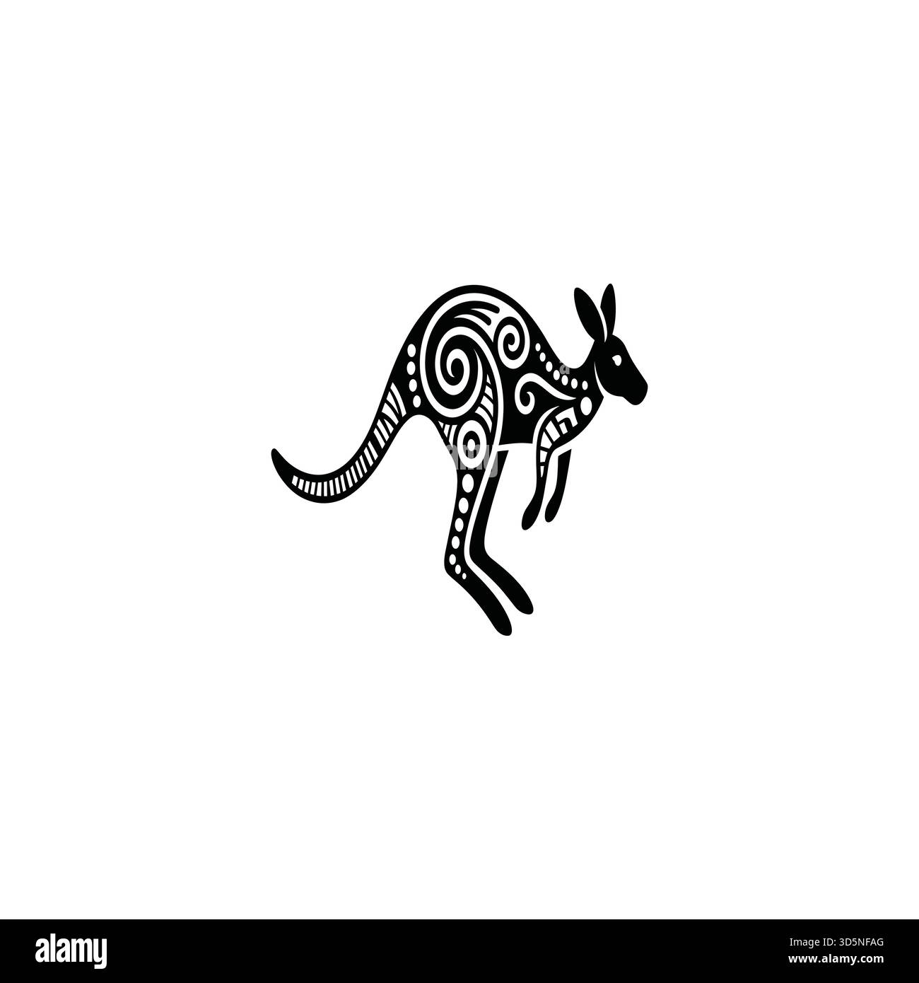 Una silhouette nera di un canguro adornata da intricati motivi tribali e a spirale bianchi, su sfondo bianco. Illustrazione Vettoriale