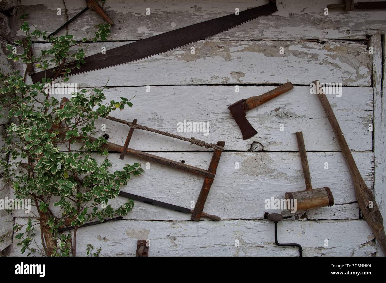 Vecchi utensili sulla parete del cottage di legno Foto Stock