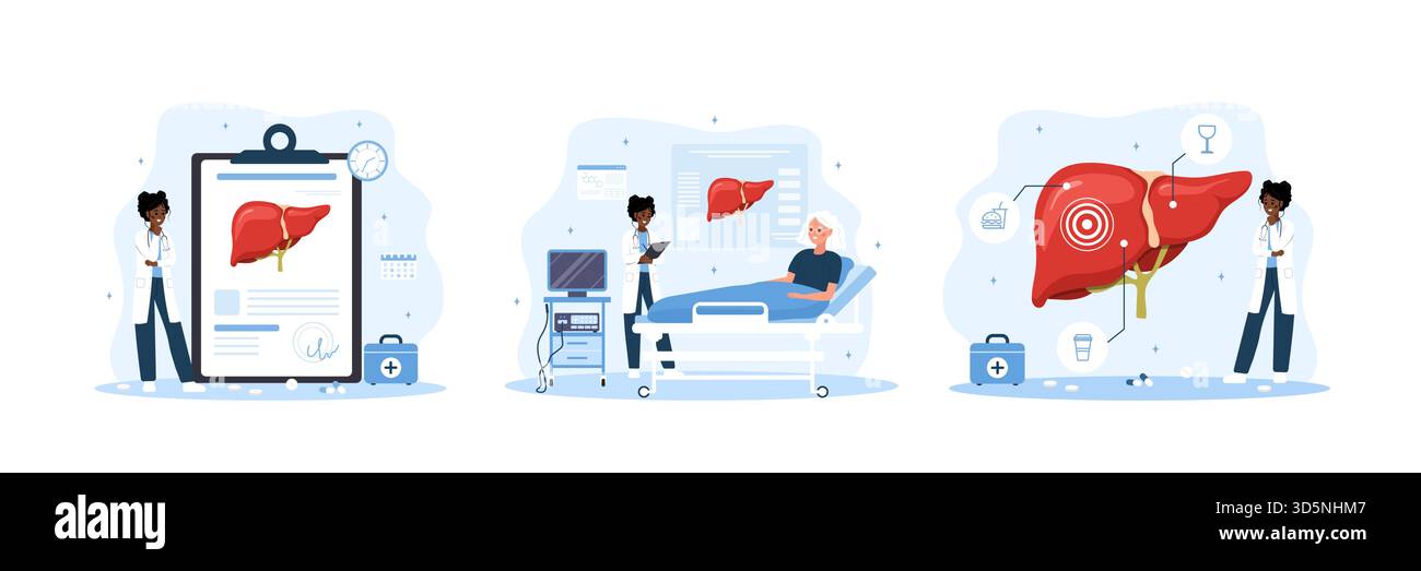 Cancro epatico e cirrosi impostati. Consulto medico con test e trattamento medico in clinica. Illustrazione piatta Illustrazione Vettoriale
