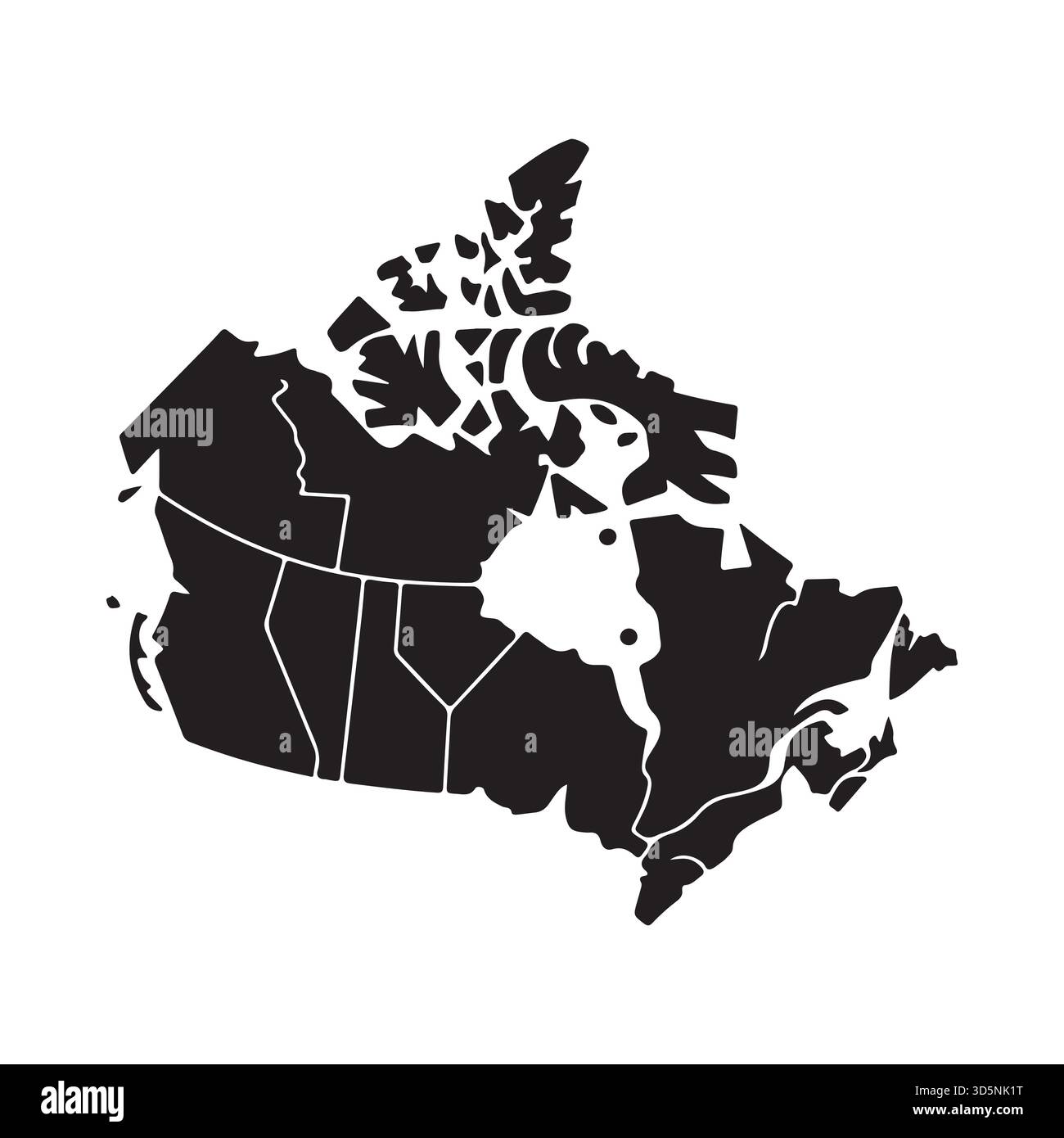 Una silhouette nera della mappa canadese delinea le province e i territori su uno sfondo bianco, ideale per la progettazione grafica. Illustrazione Vettoriale