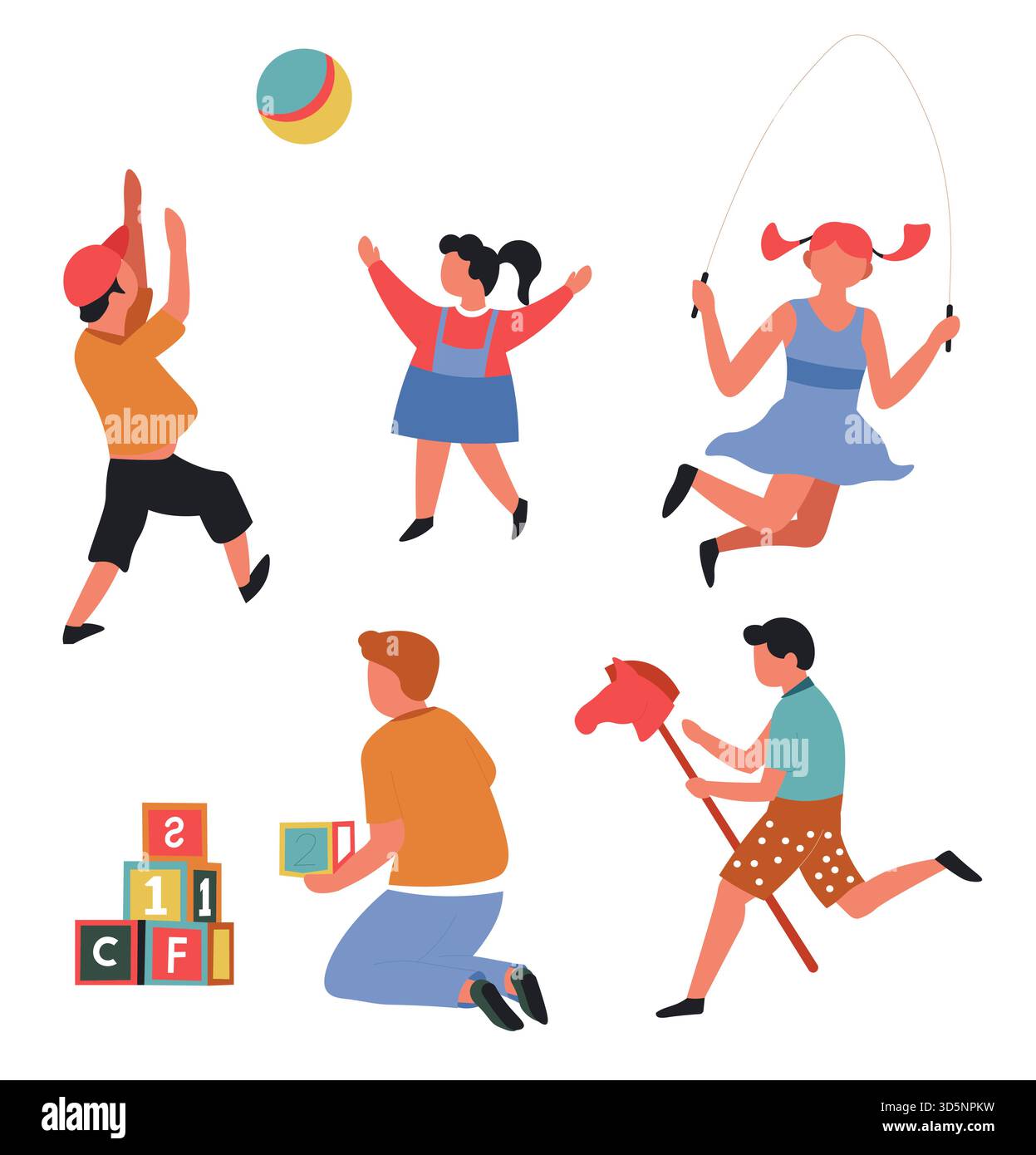 Attività all'aperto bambini giocare con giocattoli personaggi isolati asilo bambini vettore e giochi palla e cavallo salto corda e cubi abc passatempo t Illustrazione Vettoriale