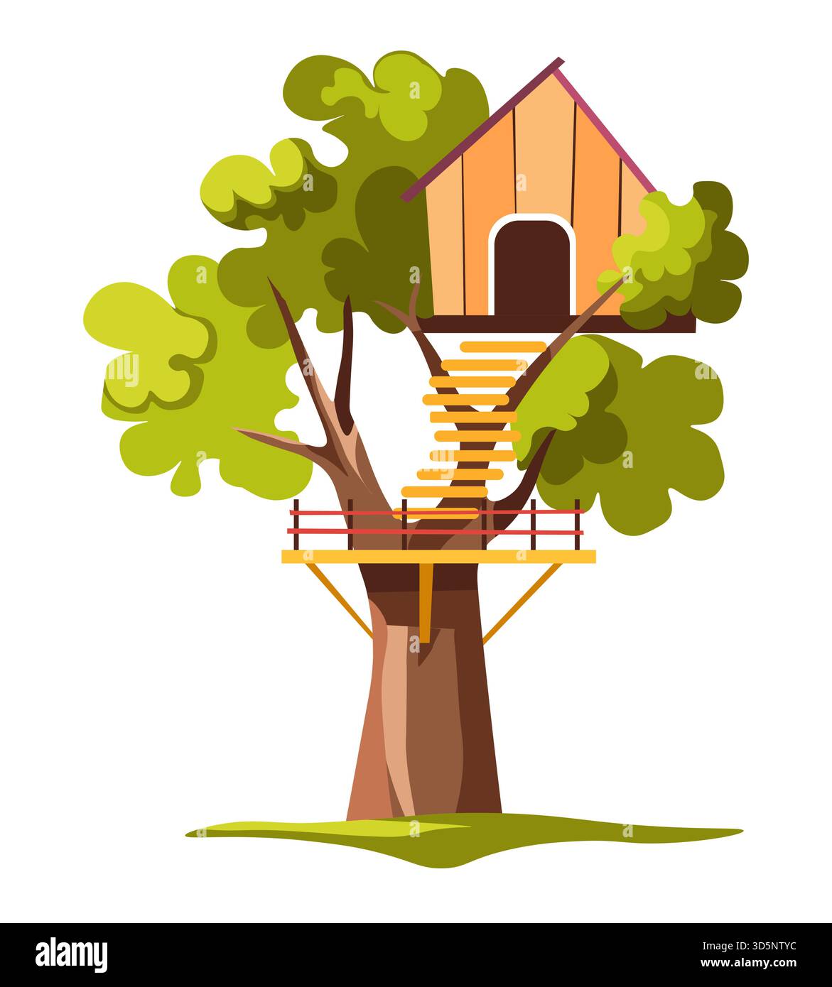 Casa sul cortile su albero childish parco giochi scala e balcone vettore pianta isolata e piccola capanna attività estiva e all'aperto, o passatempo giocare giochi o Illustrazione Vettoriale