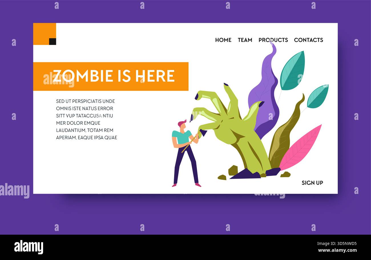 Fuga zombie o ricerca landing page sala, gioco online o Halloween vettore partito. Mostro morto, mano dalla tomba e l'uomo con AX, sito Internet. Spaventoso c Illustrazione Vettoriale