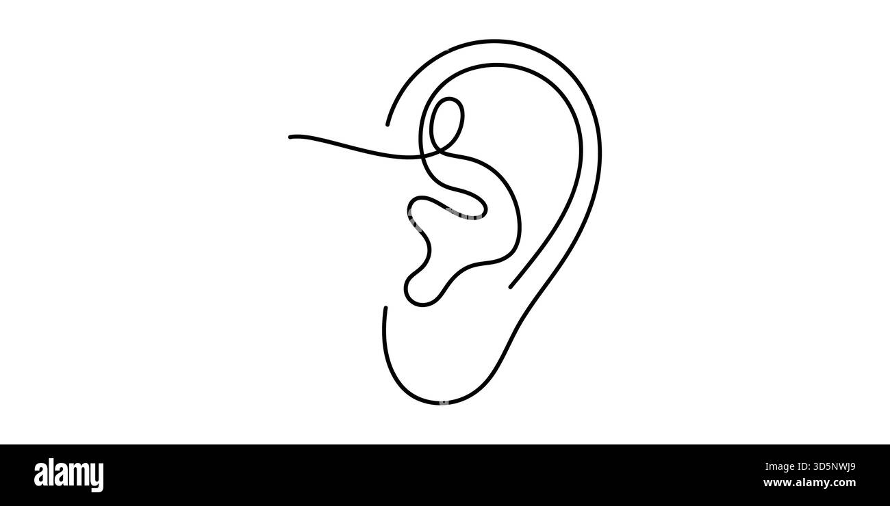 Semplice disegno a linea continua di un orecchio umano su sfondo bianco Illustrazione Vettoriale
