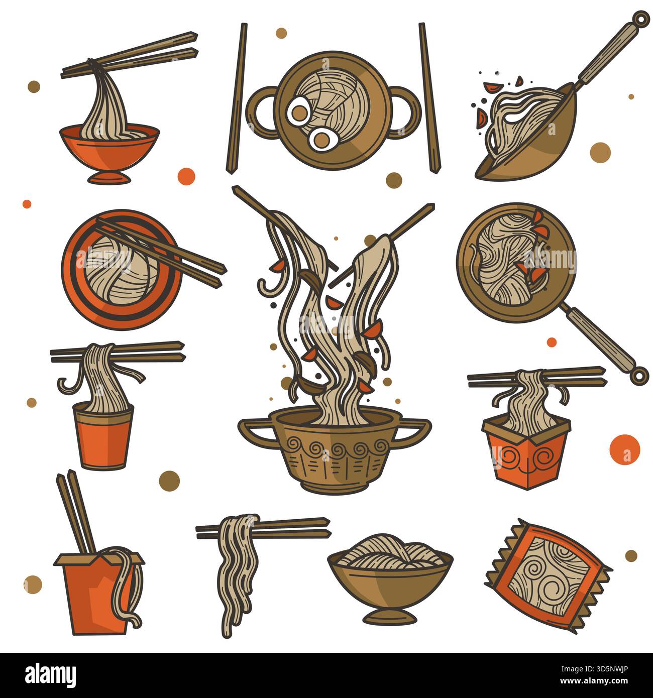 Spaghetti in ciotola o confezione, cibo cinese, uova e aglio o pomodoro isolato piatti vettore. Pranzo o portata principale, cibo fatto in casa e nutrizione, cucina in Illustrazione Vettoriale