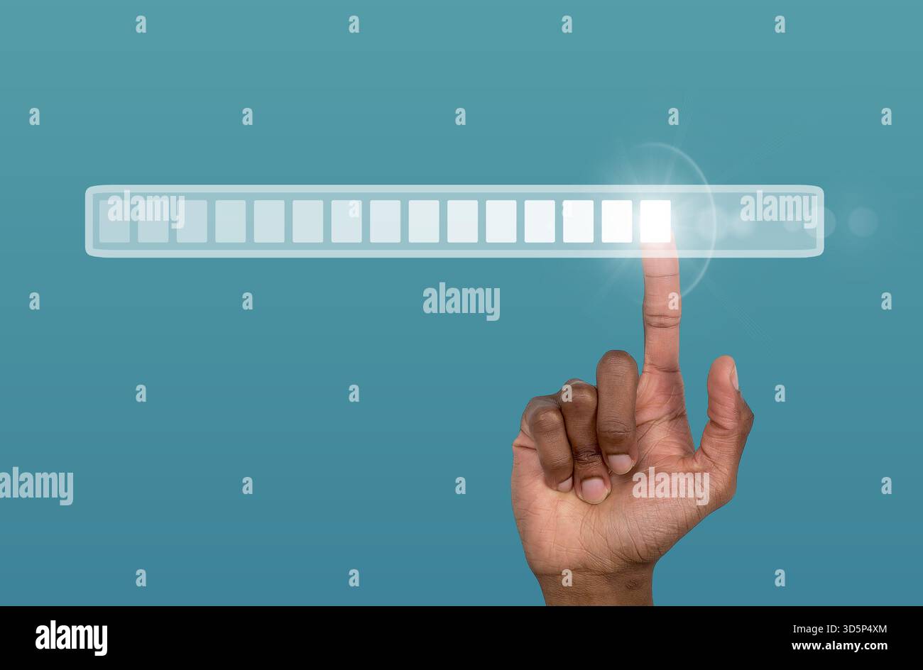 Una mano digitale interagisce con una barra di carico luminosa, simboleggiando il progresso tecnologico, l'innovazione e il progresso del business e della comunicazione Foto Stock