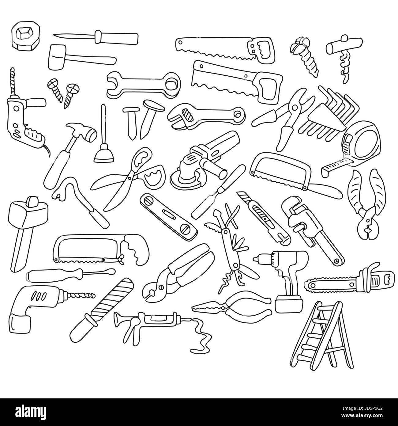 set di strumenti e illustrazioni dell'attrezzatura vettore disegnato a mano con linee nere Illustrazione Vettoriale