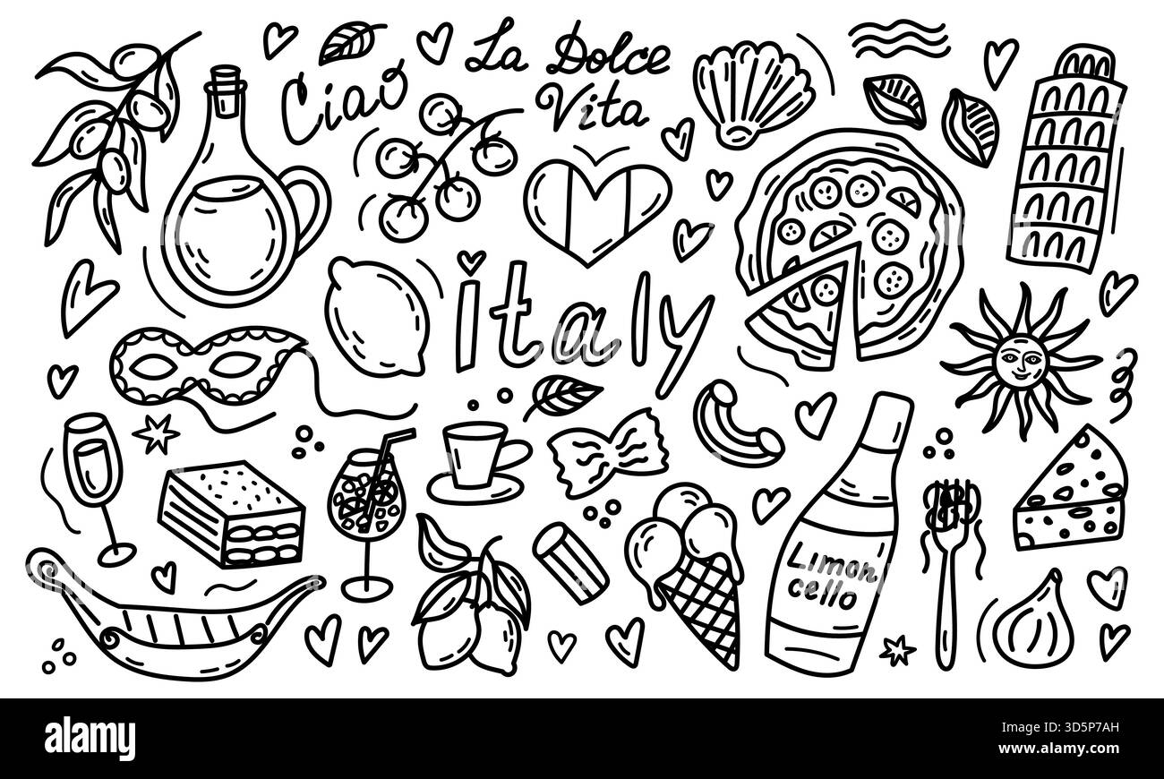 Set di doodle da viaggio disegnato a mano in Italia con simboli iconici Illustrazione Vettoriale