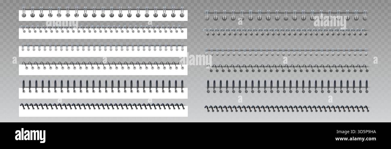 Raccoglitore ad anello a spirale in metallo per notebook con bobine ed elementi di legatura a filo. Strisce di carta rettangolari bianche con molle in metallo nero e argento in vari stili. Limiti dei documenti di cancelleria per ufficio. Illustrazione Vettoriale
