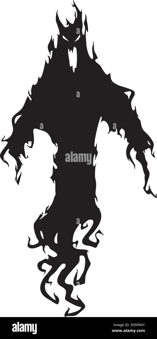 Spaventosa silhouette nera di un fantasma spaventoso che galleggia nell'aria con fiamme che circondano il corpo, creando un'atmosfera inquietante e inquietante, perfetta per hal Illustrazione Vettoriale