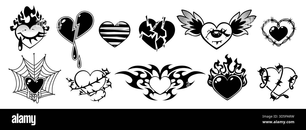 Disegni di tatuaggi Goth Heart con elementi gotici emo y2k: Cuori spezzati, simboli alati, cornici di filo spinato e icone brucianti. Grafica vettoriale nera con fiamme di fuoco tribali per uno stile dark romantico Illustrazione Vettoriale