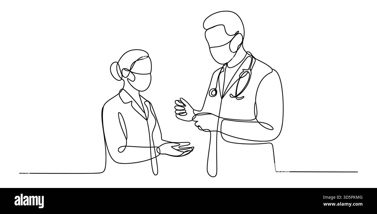 Disegno continuo di arte di linea di professionisti medici consulenza con maschere Illustrazione Vettoriale