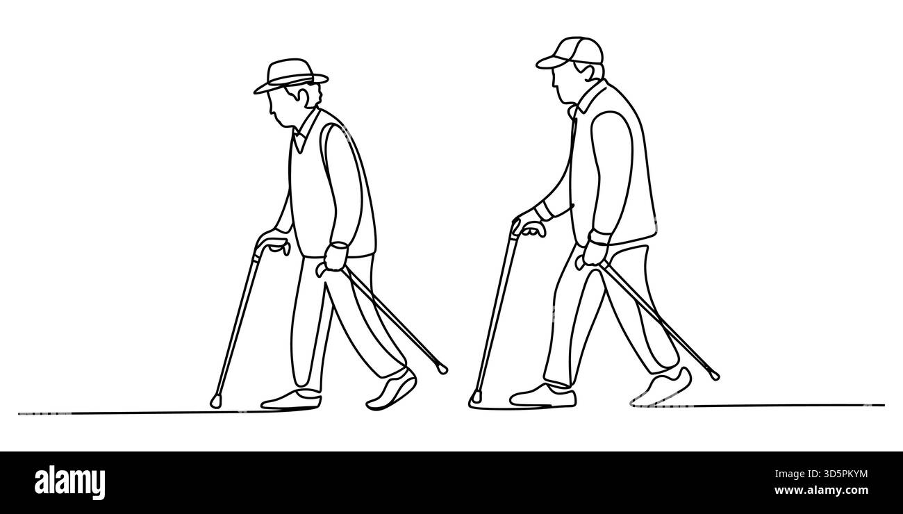 Continua arte di linea di uomini anziani che camminano con canne, anziani sostegno aiuto Illustrazione Vettoriale