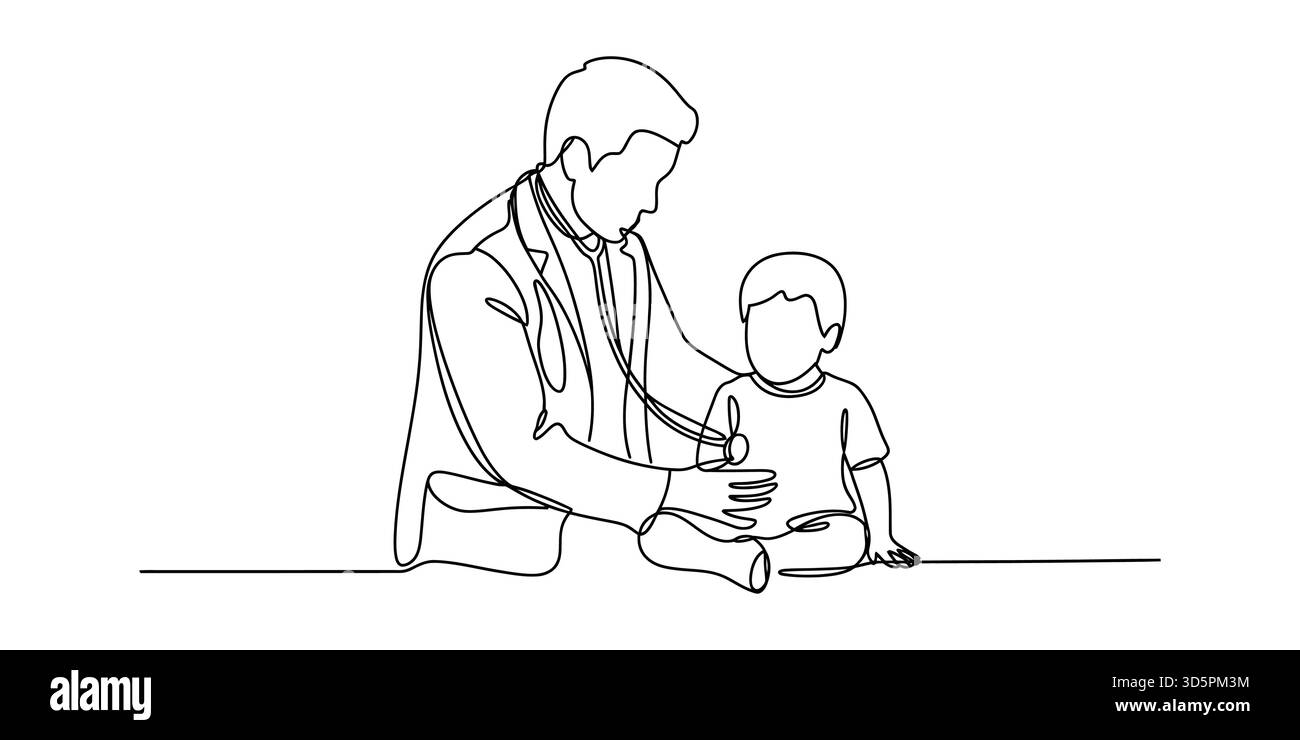 Medico pediatrico che esamina il bambino con stetoscopio in linea continua art. Illustrazione Vettoriale