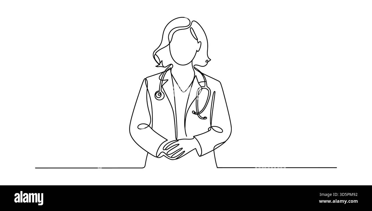 Disegno in linea continuo di una donna sicura di sé con stetoscopio Illustrazione Vettoriale