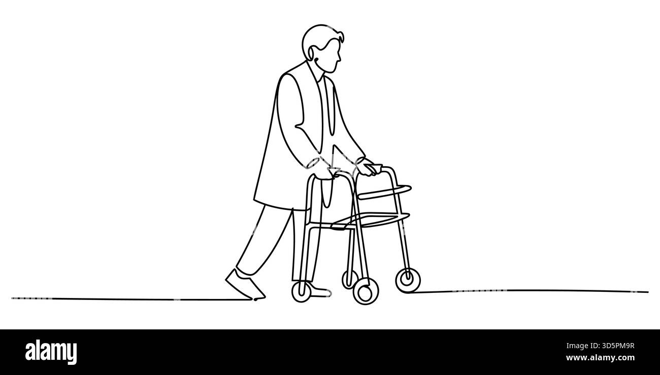 Disegno continuo di persone anziane che utilizzano un camminatore a ruote come supporto. Illustrazione Vettoriale