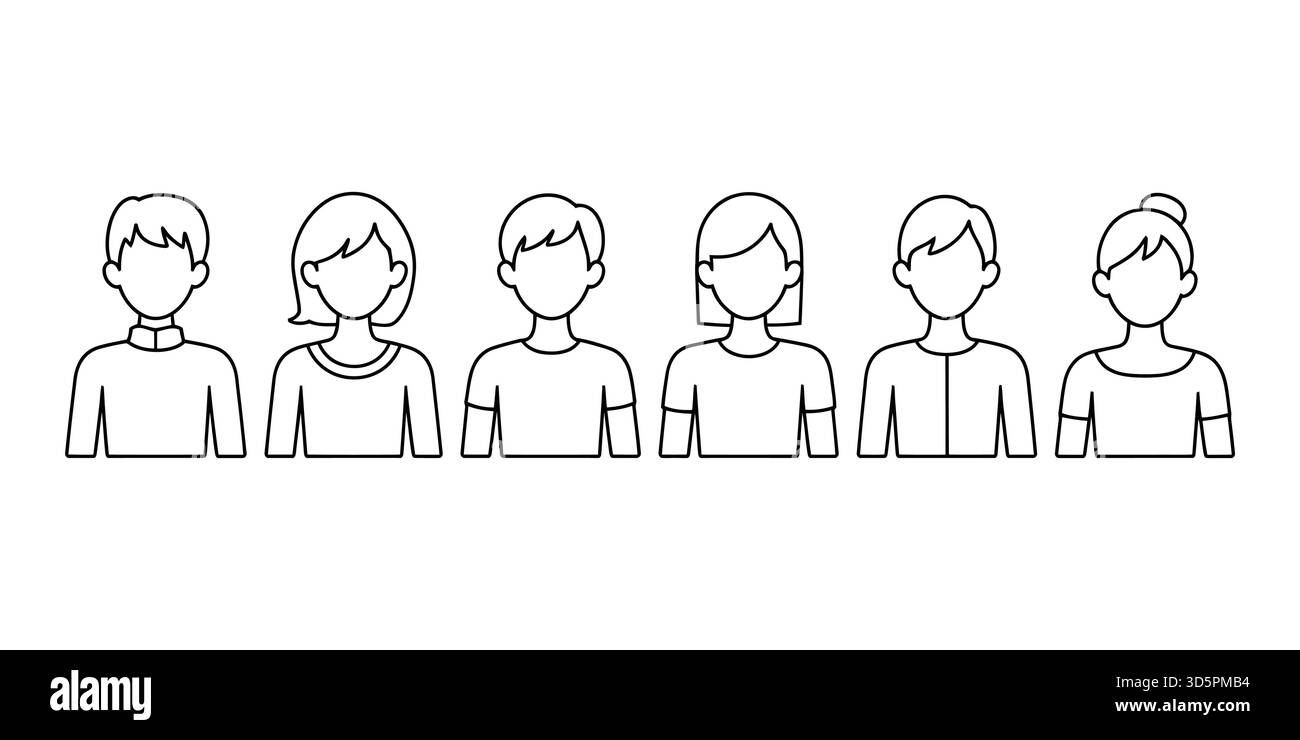 Set di icone di contorno gruppo di utenti diversificato, vettori di profili avatar per persone senza volto Illustrazione Vettoriale