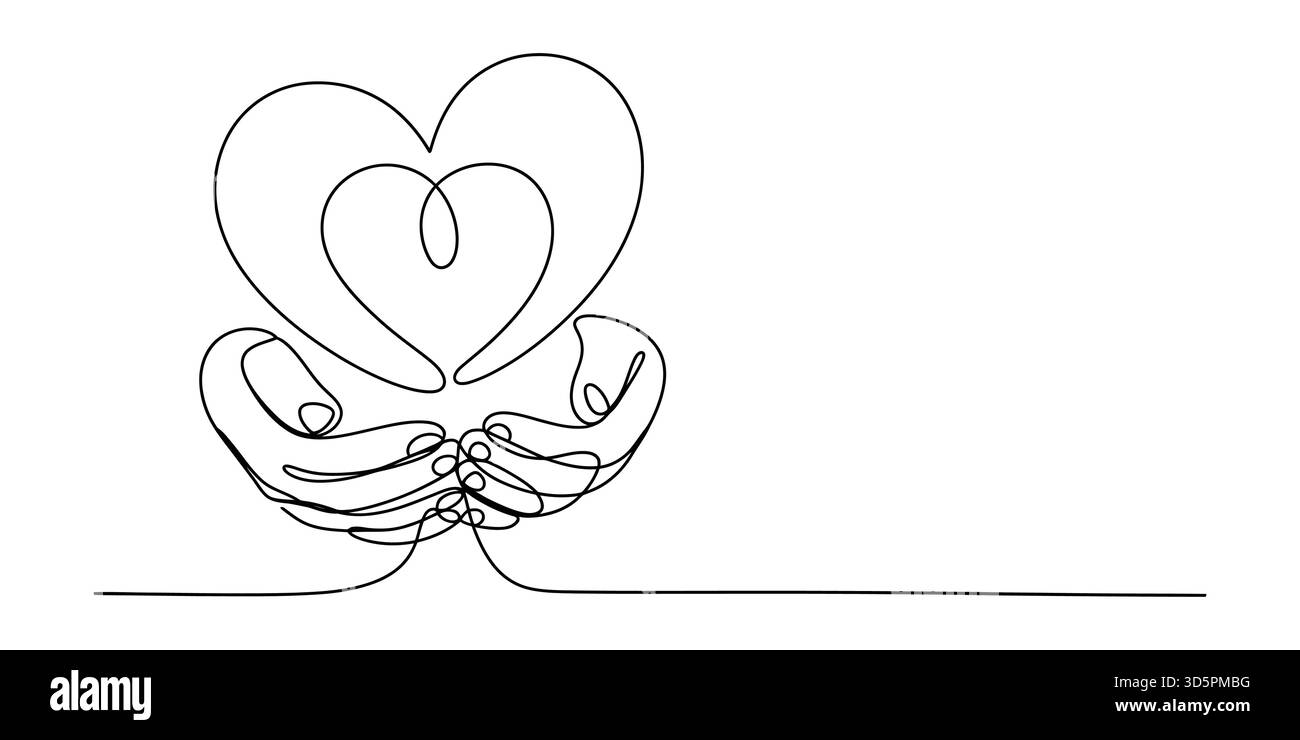 Una linea disegna mani premurose che abbracciano un cuore, che rappresenta l'amore e il dono Illustrazione Vettoriale
