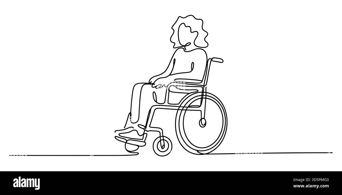 Disegno continuo della persona su sedia a rotelle, concetto di inclusione della disabilità Illustrazione Vettoriale