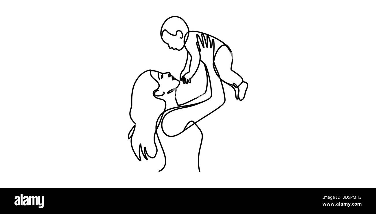 Disegno continuo di una madre che tiene e solleva il suo bambino felice in aria Illustrazione Vettoriale