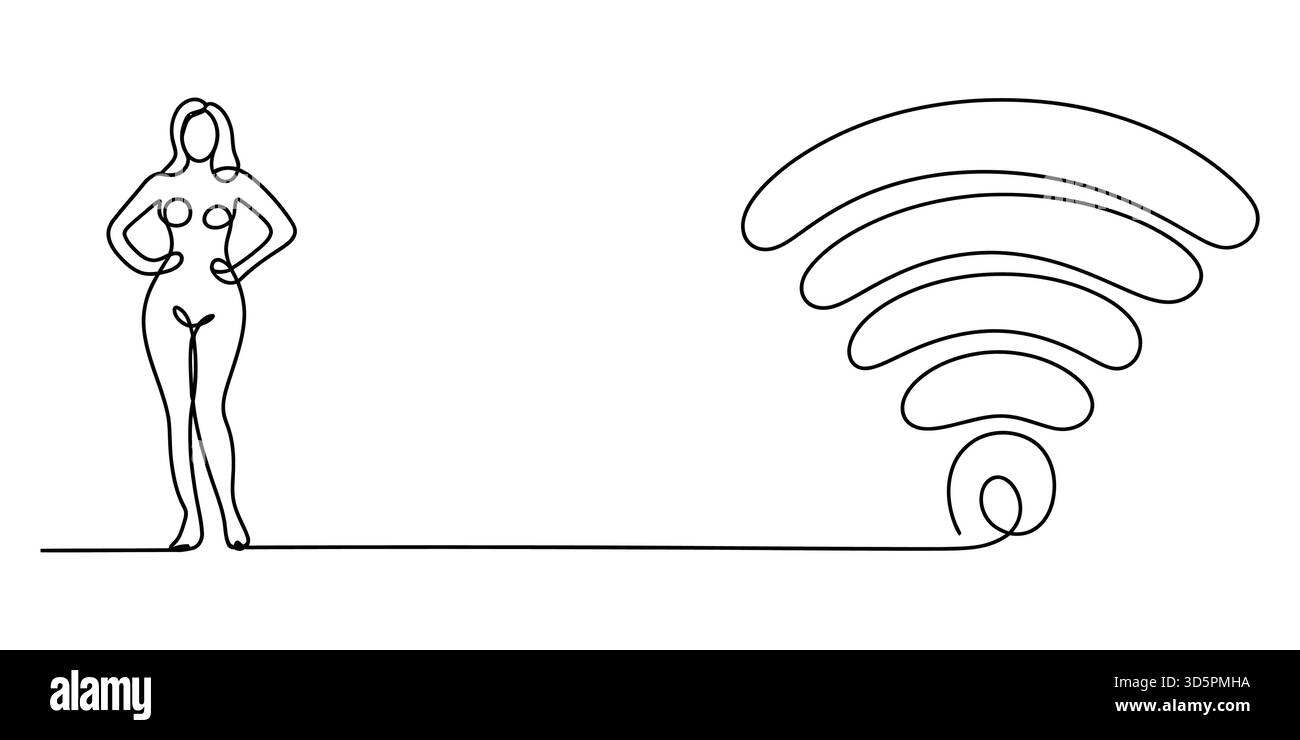 Disegno continuo di una donna forte e connessione Internet wireless Illustrazione Vettoriale