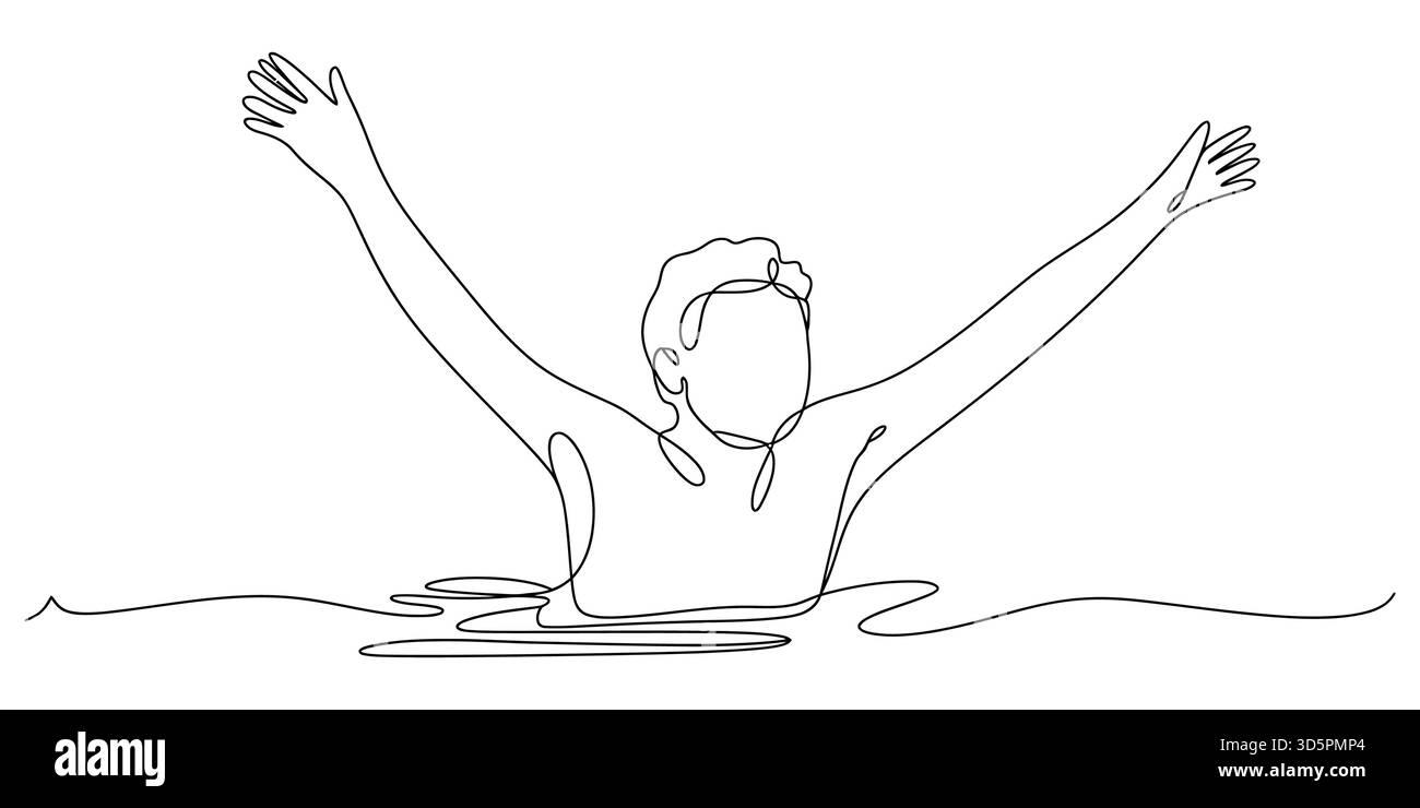 Disegno continuo di una persona che nuota con le braccia sollevate in acqua Illustrazione Vettoriale