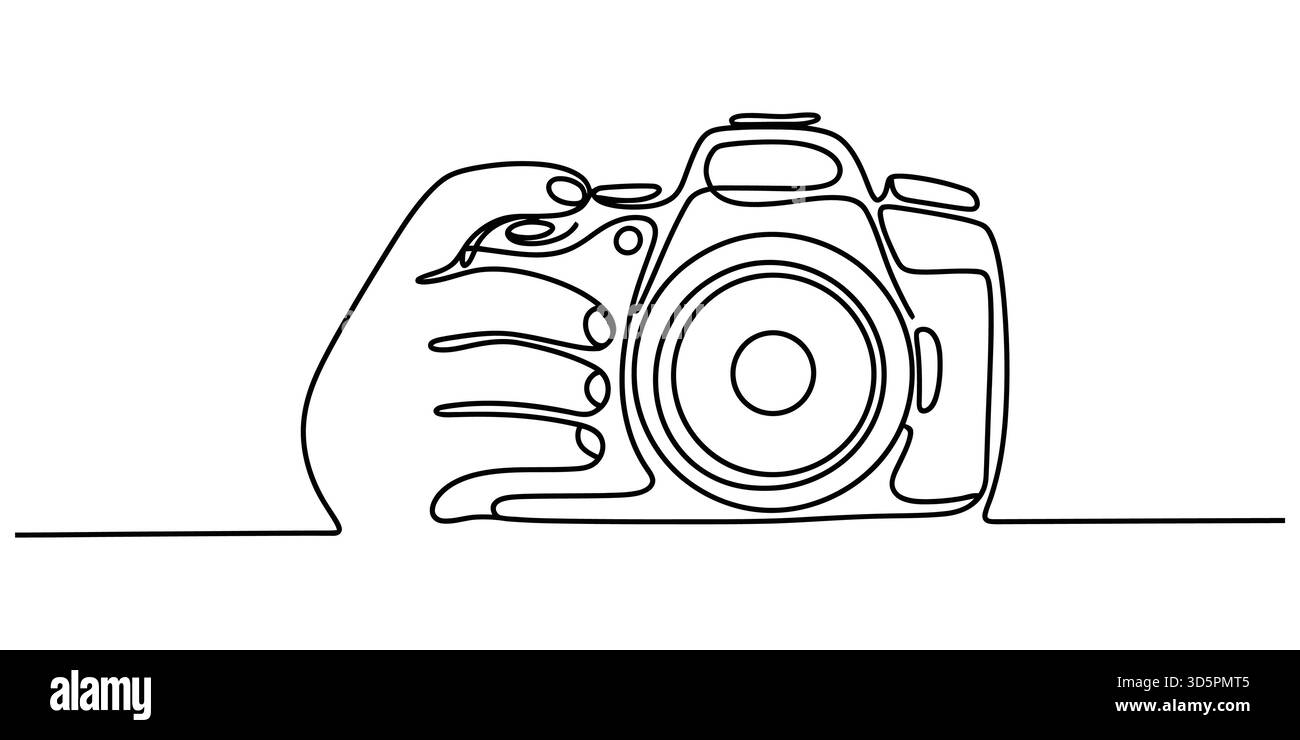 Disegno a linea continua di una mano che tiene in mano una macchina fotografica, stile minimalista di arte moderna Illustrazione Vettoriale