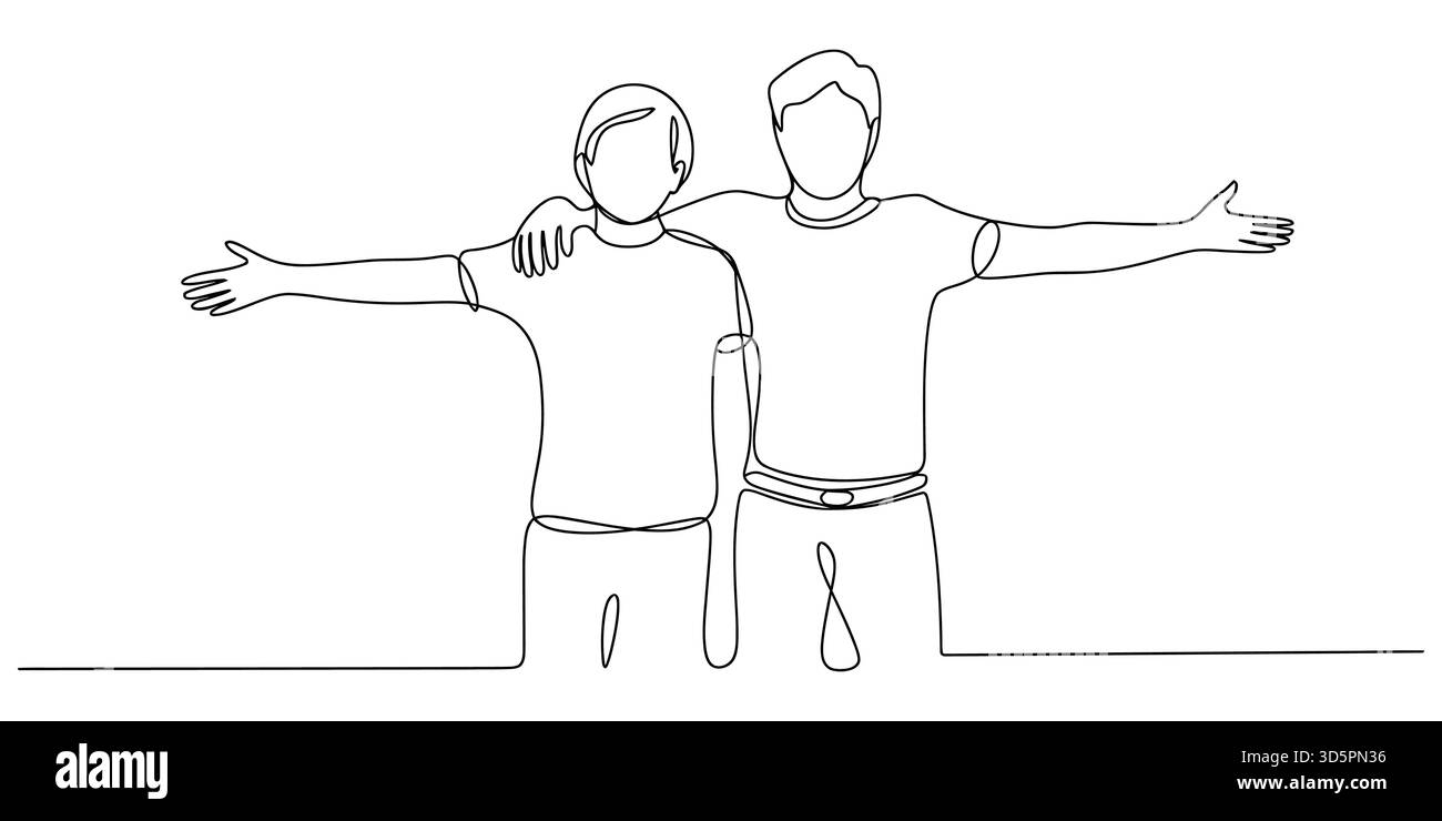 Arte continua di due amici in piedi a braccia aperte, insieme Illustrazione Vettoriale