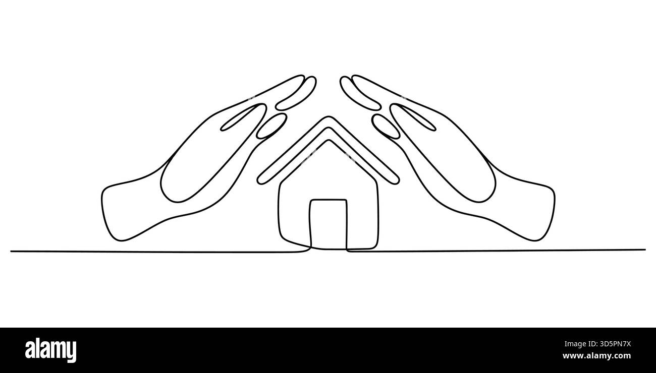 Arte minimalista raffigurante le mani che proteggono una casa, simboleggiando la sicurezza domestica. Illustrazione Vettoriale