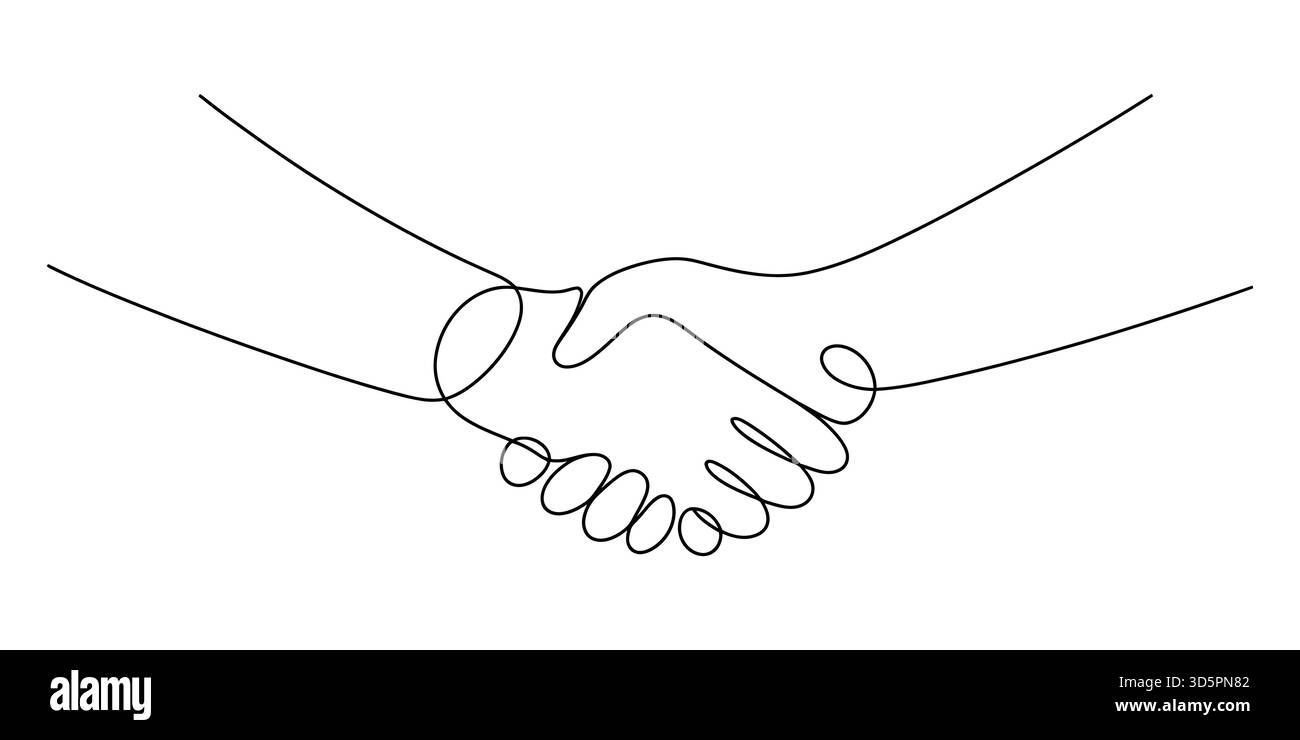 Disegno continuo di due mani che scuotono, simboleggiando l'accordo e la partnership. Illustrazione Vettoriale