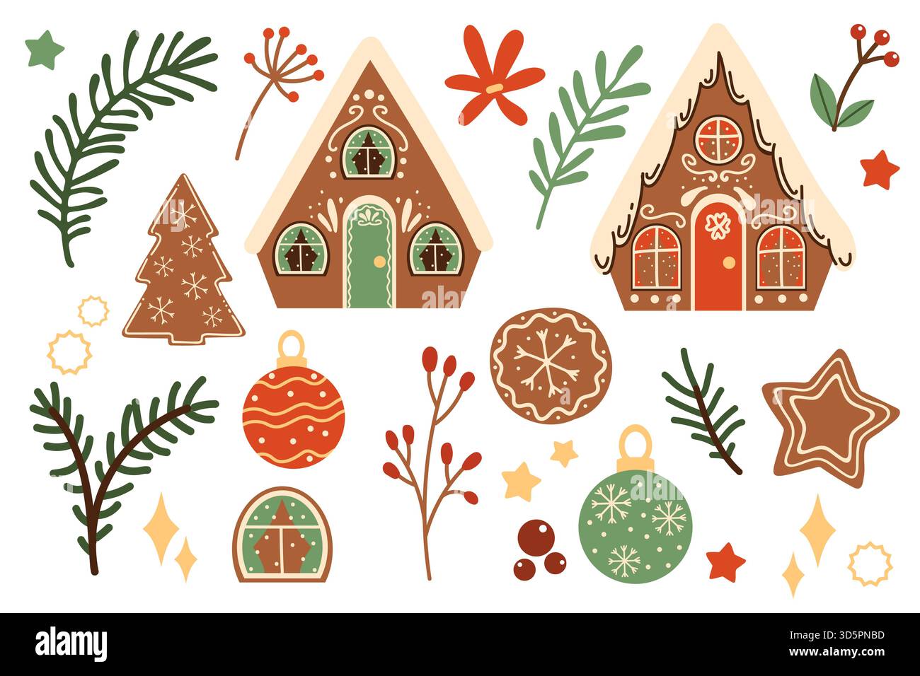 Set di elementi natalizi, un set invernale di biscotti e pan di zenzero. Illustrazione disegnata a mano, modello piatto. Clipart natalizio scandinavo. Illustrazione Vettoriale