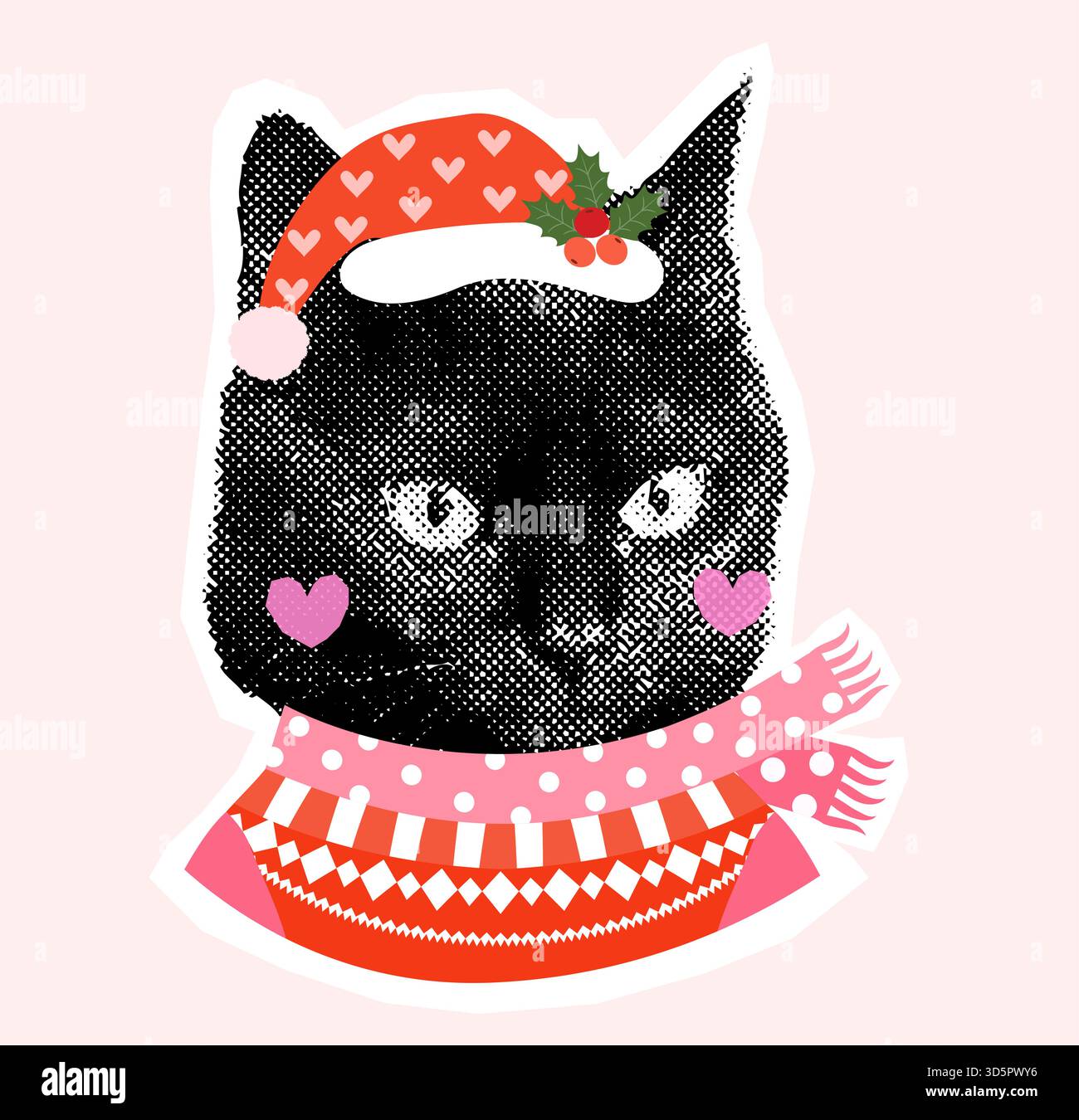 Divertente collage di gatto nero di Natale vettoriale, divertente design di animali natalizi per biglietti d'auguri Illustrazione Vettoriale