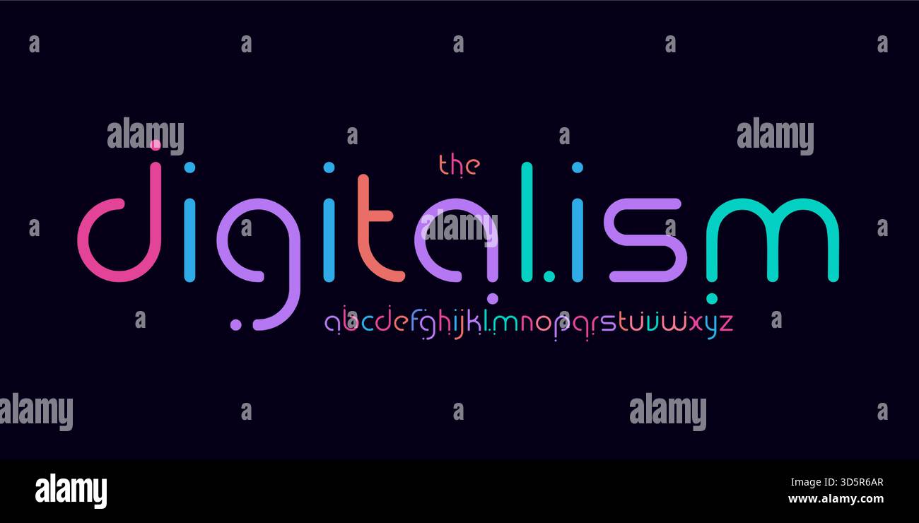Font con logo Cyber colorato, font digitale divertente. Carattere modulare arrotondato per titoli futuristici, poster EDM vaporwave, streaming di giochi, interfaccia neon Illustrazione Vettoriale