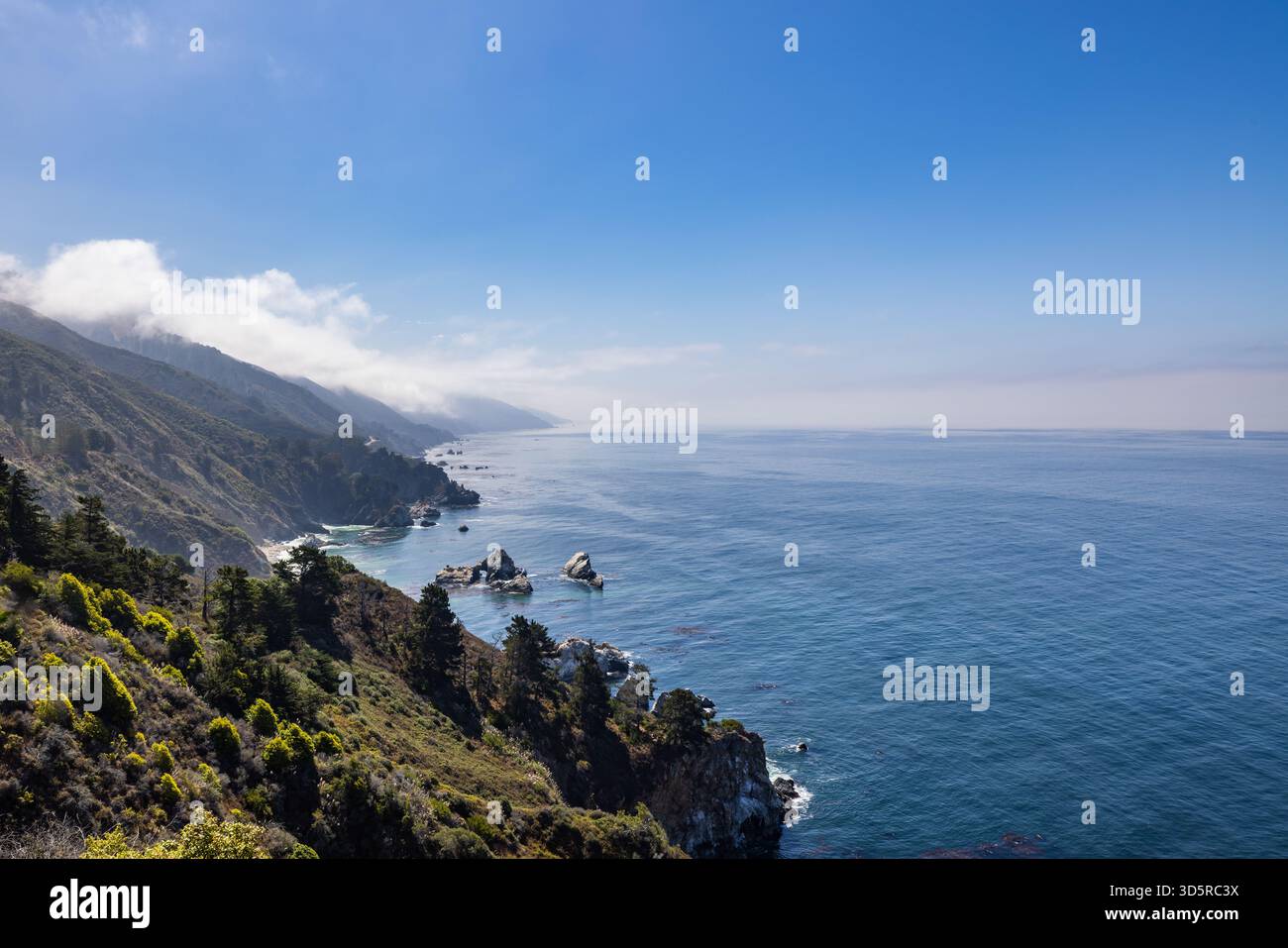 Scogliere costiere e vista sull'oceano Pacifico lungo la costa di Big Sur in California. Foto Stock