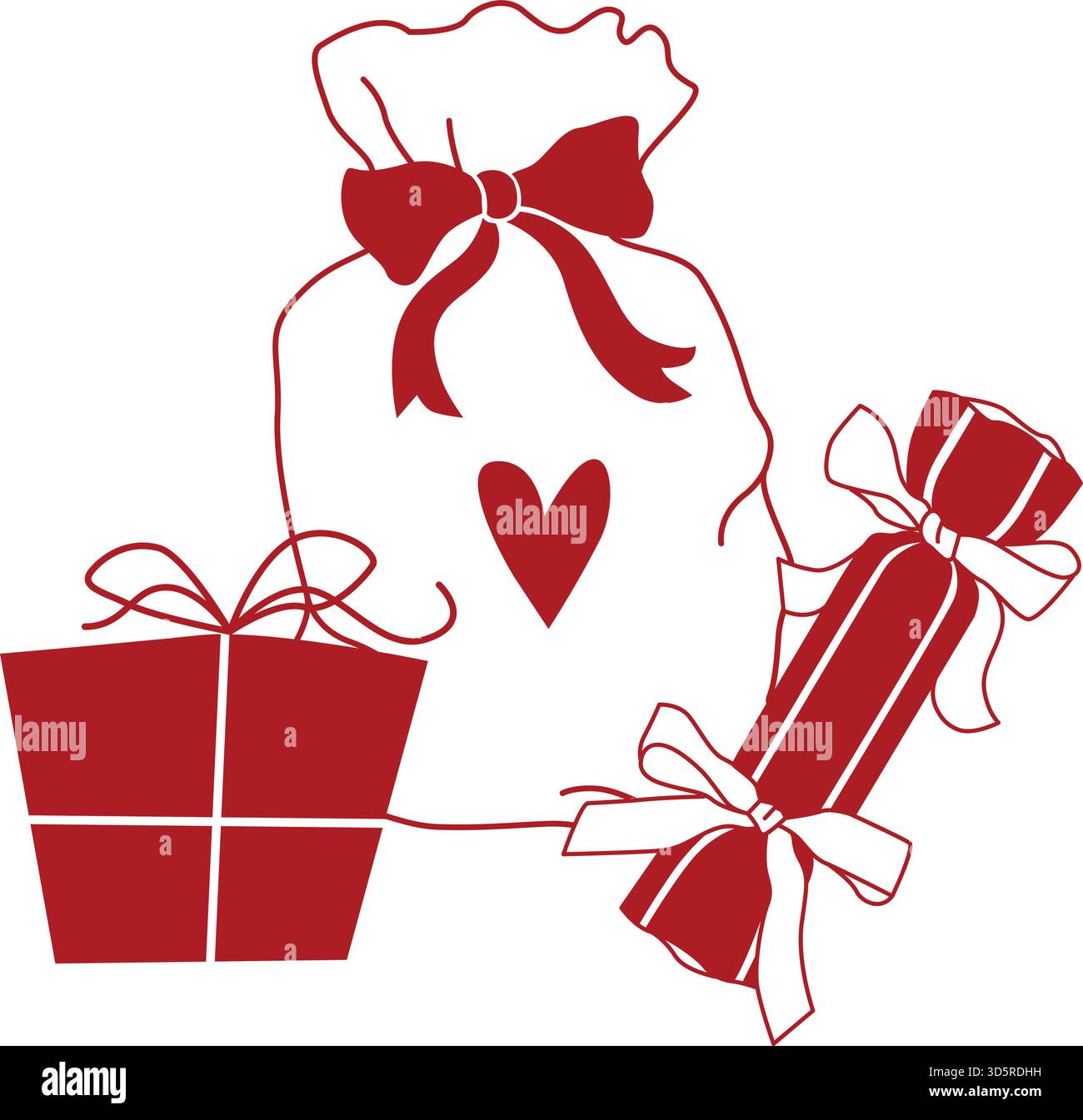 Composizione natalizia disegnata a mano con regali e regali avvolti in rosso in stile art-line Illustrazione Vettoriale