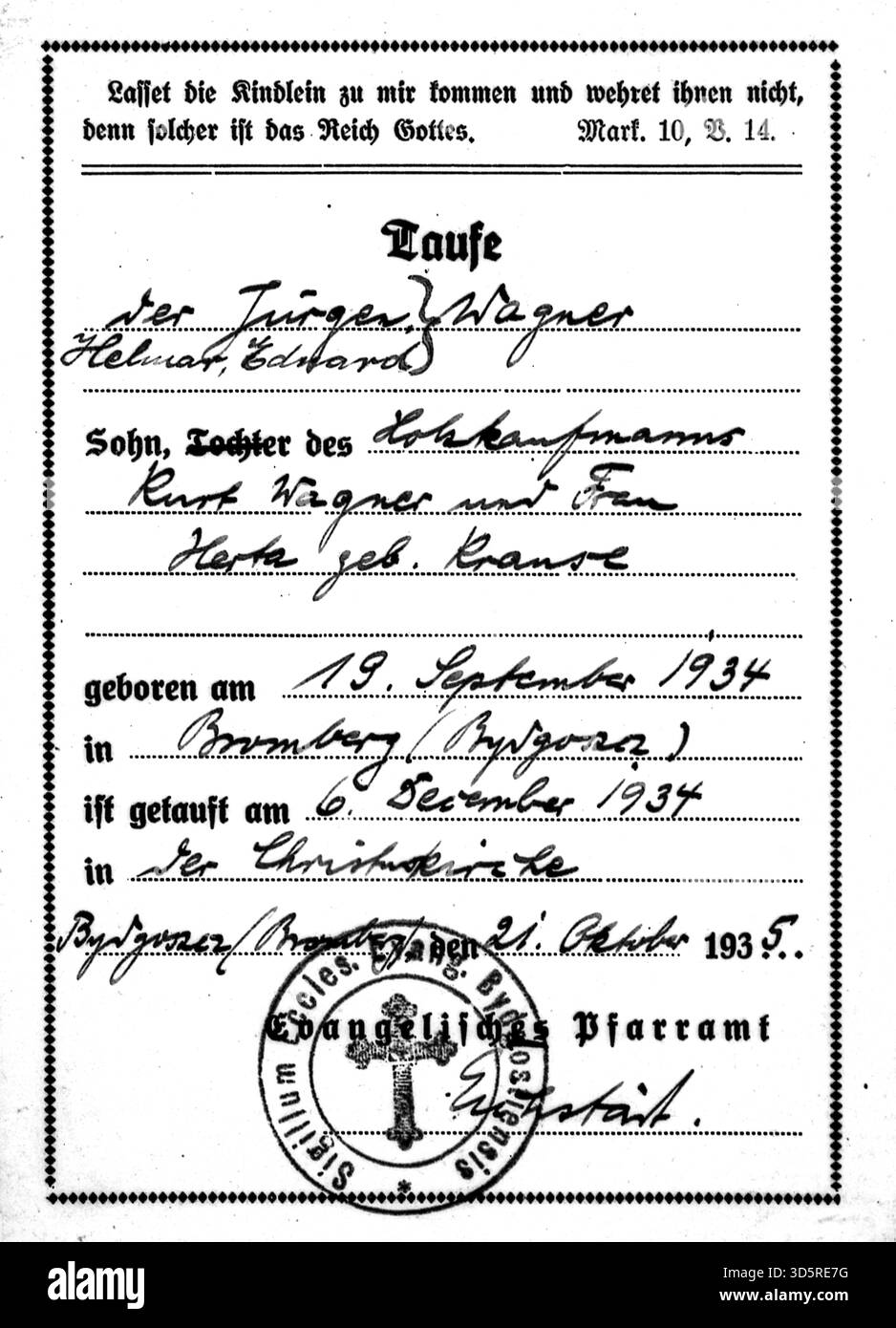 Certificato battesimale 1935 [traduzione automatizzata] Foto Stock