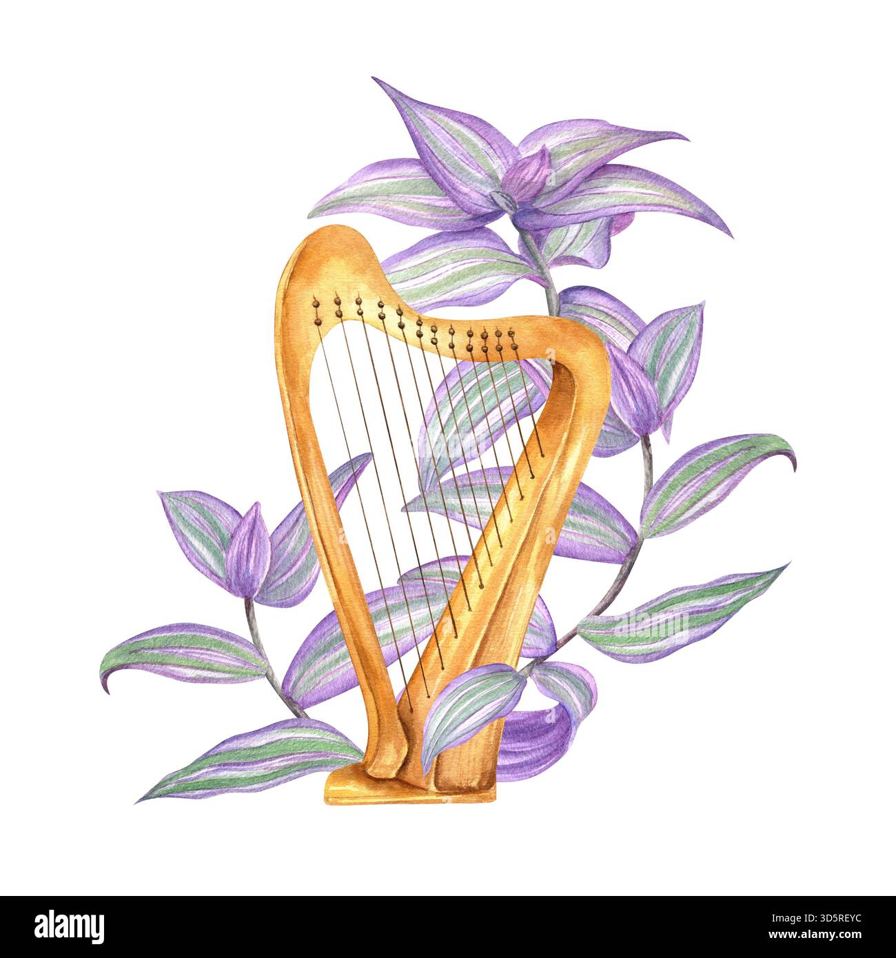 Acquerello classico corda di arpa in legno tra le piante tropicali tradescantia illustrazione su sfondo isolato. Strumento musicale a corde e viola Foto Stock