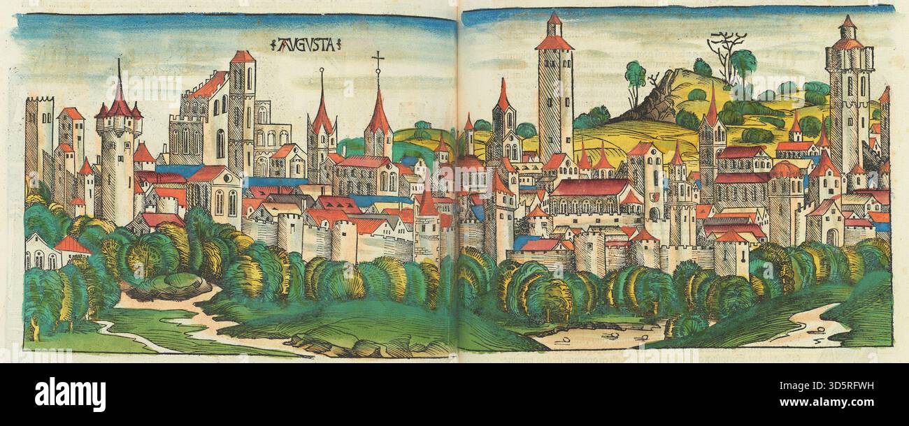 La Cronaca di Norimberga (Liber Chronicarum), scritta da Hartmann Schedel e illustrata da Wolgemut, Pleydenwurff e Durer, pubblicata nel 1493. Un volume contiene 1.809 xilografie colorate a mano stampate a partire da 645 blocchi con testo latino su carta posata. Documenta eventi storici e figure, che rappresentano la prima cultura della stampa e l'illustrazione rinascimentale tedesca. Foto Stock