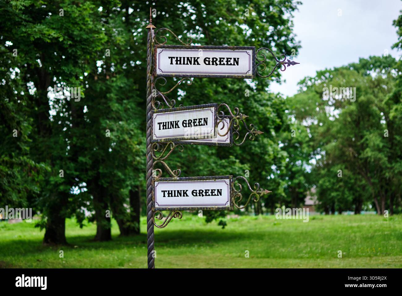 Un cartello in metallo ornato mostra tre cartelli identici che riportano IL COLORE "THINK GREEN". Si trovano in un parco verde con grandi alberi, promuovendo l'ambiente Foto Stock