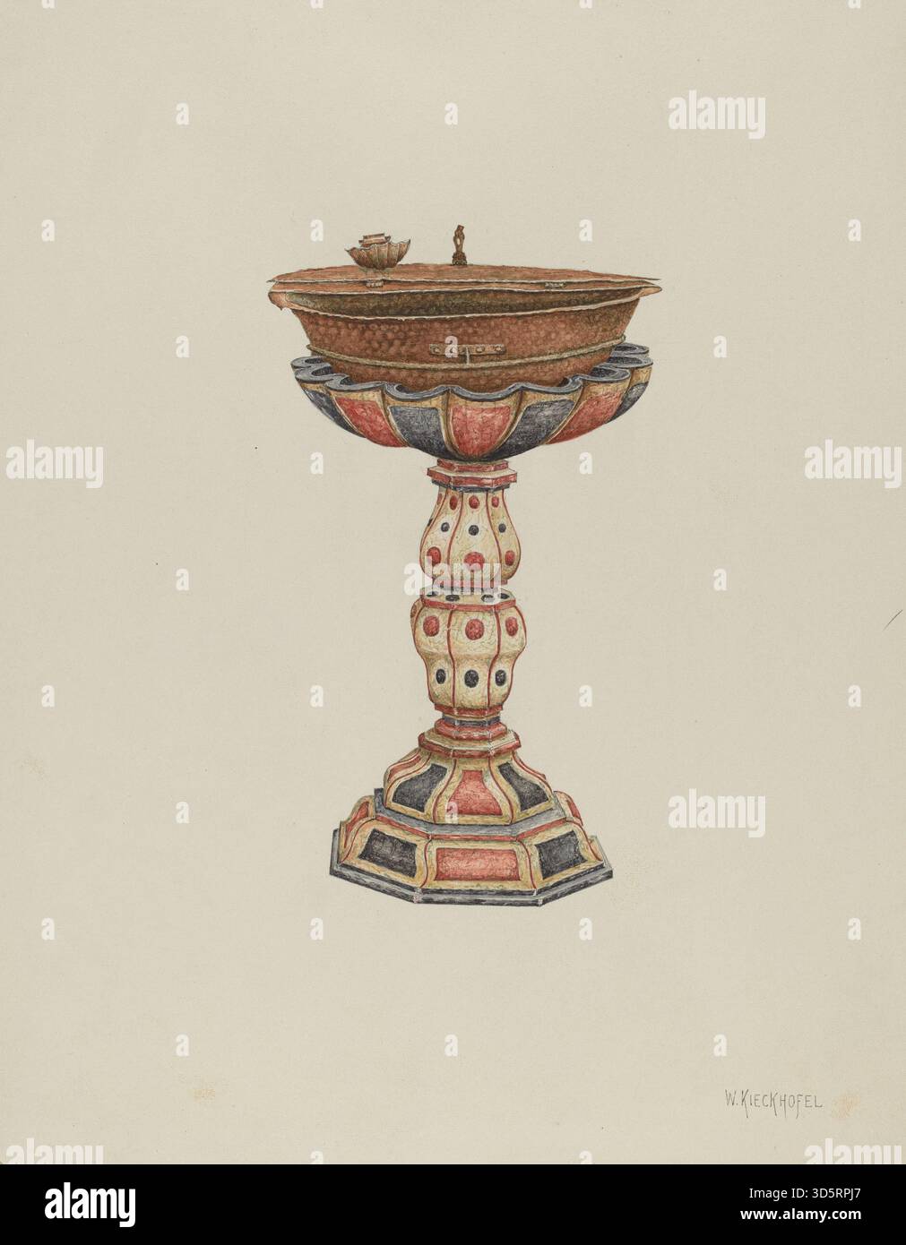 Un disegno del 1939 circa di William Kieckhofel di un fonte battesimale con piedistallo, con lavandino, piedistallo, intagli decorativi, proporzioni, materiali e dettagli funzionali per uso cerimoniale in ambienti religiosi. Foto Stock