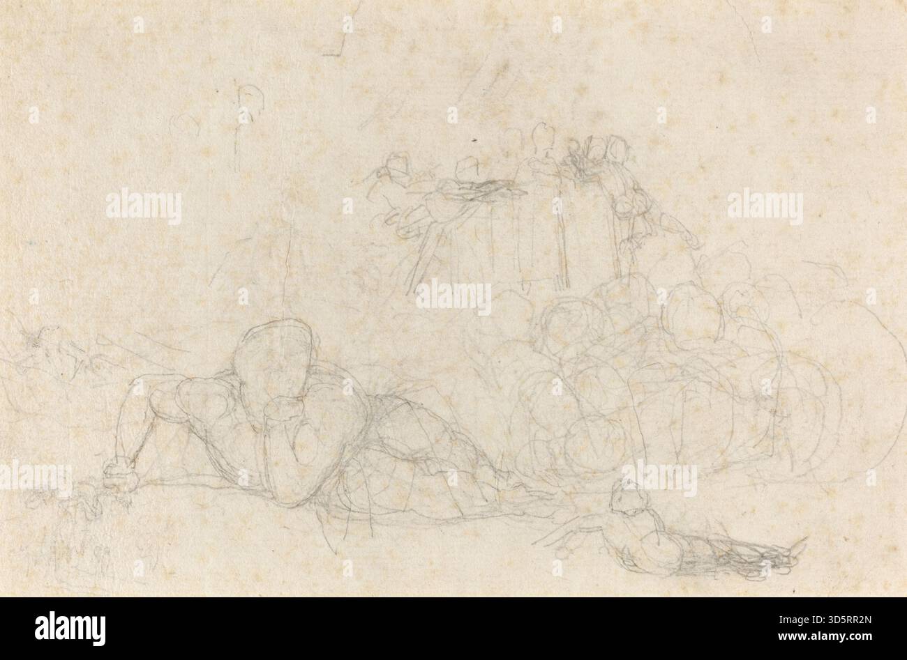 Questo foglio di studi di John Flaxman contiene una serie di schizzi a matita e inchiostro che esplorano l'anatomia umana, i tendaggi e le figure classiche. Il lavoro dimostra un'attenta osservazione, precisione lineare e sperimentazione compositiva tipica dei disegni preparatori di Flaxman per la scultura neoclassica e il rilievo. Foto Stock
