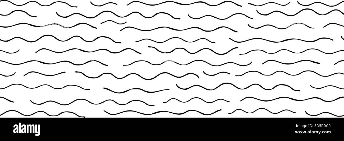 Striscione senza cuciture isolato vettoriale dalle onde d'acqua astratte dipinto da inchiostri neri. Linee monocromatiche ritmiche e schematiche ondulate motivo grafico minimalista. Illustrazione Vettoriale