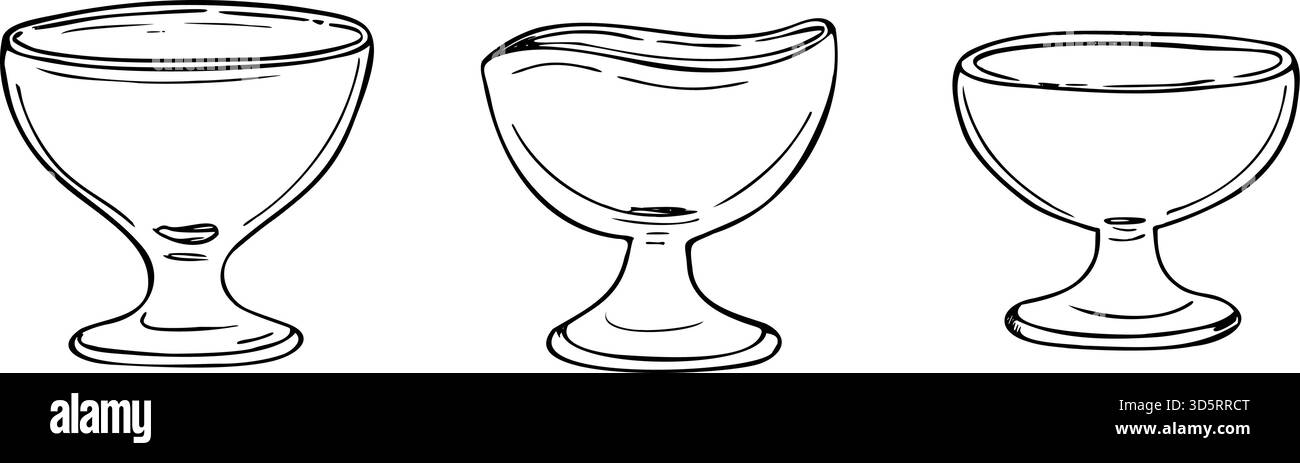 Illustrazione vettoriale monocromatica del set di tazze da dessert vuote in vetro. Segnaposto, recipiente per marmellata, miele, gelato o estrazione di budini. Illustrazione Vettoriale