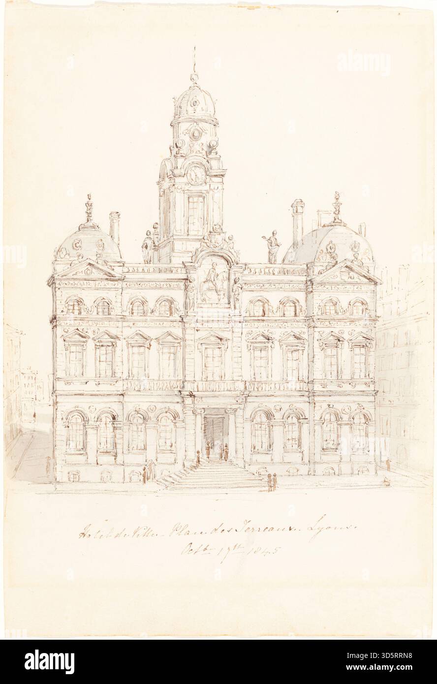 Questa illustrazione del 1845 di Robert Smirke raffigura l'Hôtel de Ville in Place des Terreaux, Lione, mostrando la facciata architettonica, la piazza centrale, la disposizione urbana e gli edifici circostanti in una rappresentazione dettagliata del paesaggio urbano. Foto Stock